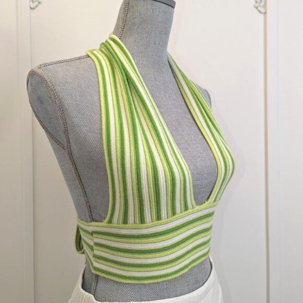 Green Striped Knitted Cropped Halter Top